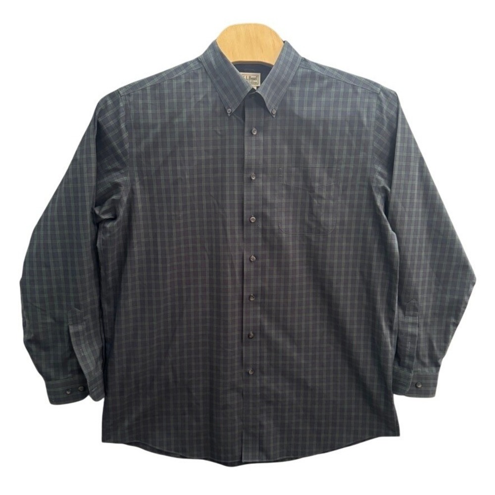 LL Bean Mens XL Tall Wrinkle Resistant Cotton Plaid Button Down Shirt Green Navy